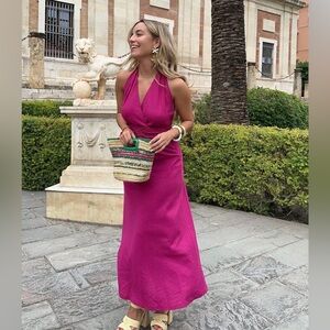 New Zara Linen Blend Halter Maxi Magenta Dress Small 3602/268